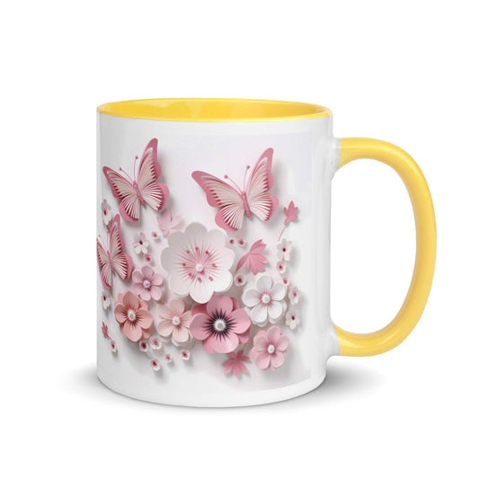 3d butterflies flowers Colorful Print Mug - Yellow - 11 oz - ArtyKoala