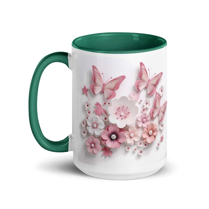 3d butterflies flowers Colorful Print Mug - Dark green - 15 oz - ArtyKoala