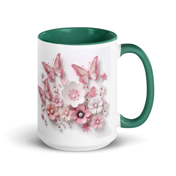 3d butterflies flowers Colorful Print Mug - Dark green - 15 oz - ArtyKoala