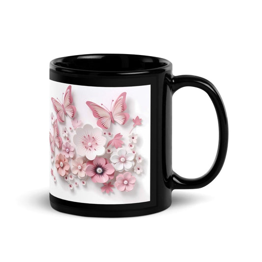 3d butterflies flowers Mug Black Glossy Mug - 11 oz - ArtyKoala