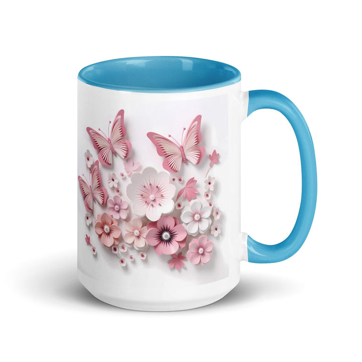 3d butterflies flowers Mug with Color Inside - Blue / 15 oz - ArtyKoala