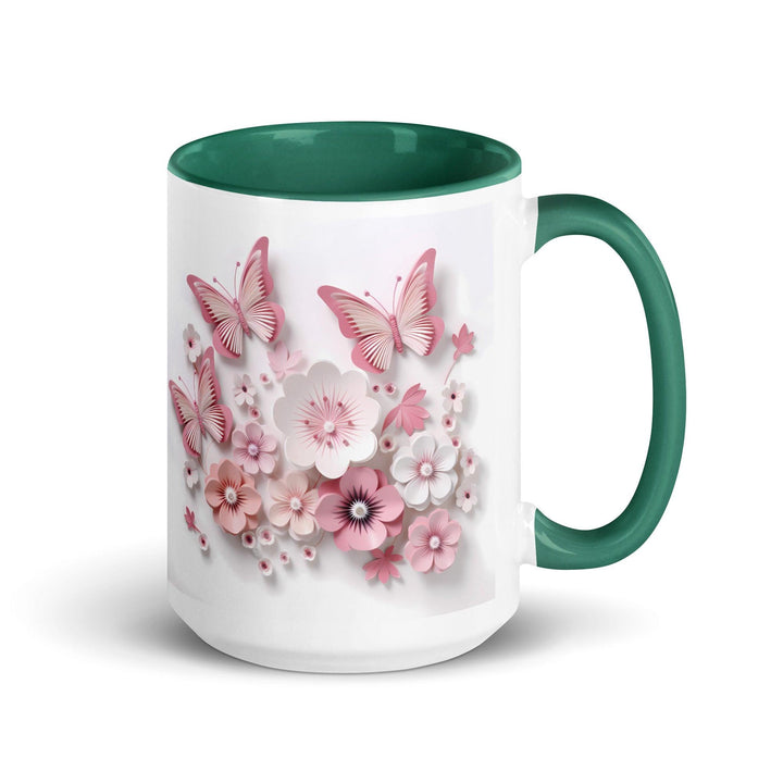 3d butterflies flowers Mug with Color Inside - Dark green / 15 oz - ArtyKoala