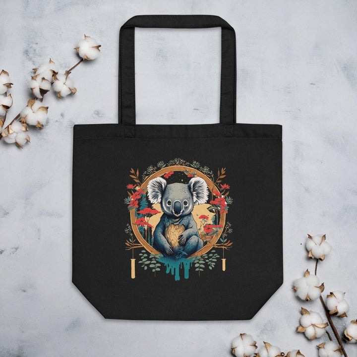 Floral Koala Eco Custom Tote Bag - Black - ArtyKoala