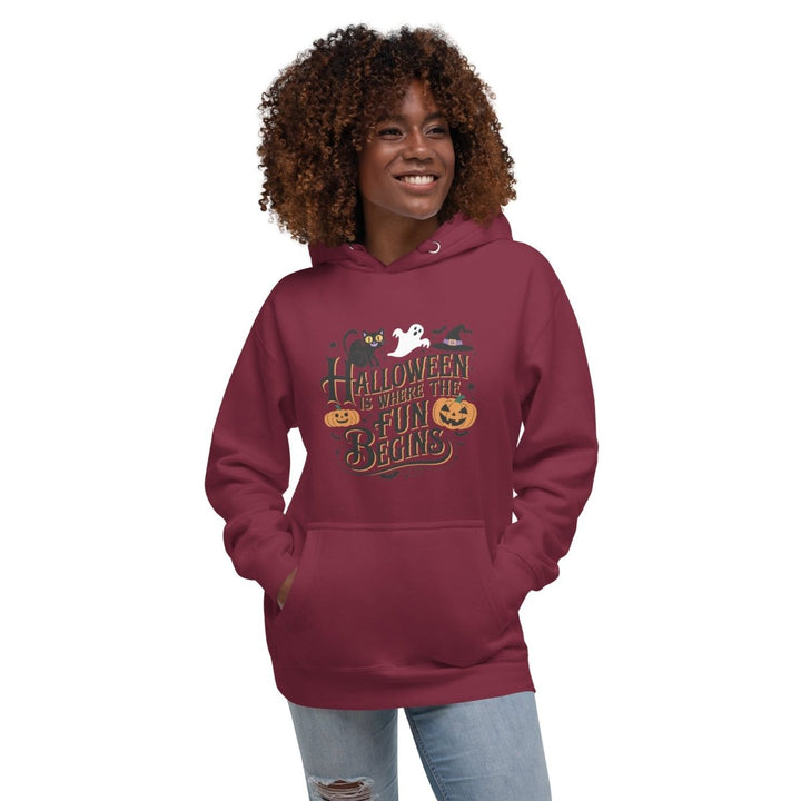 Halloween is Where the Fun Begins Graphic Hoodie - Maroon - S - ArtyKoala