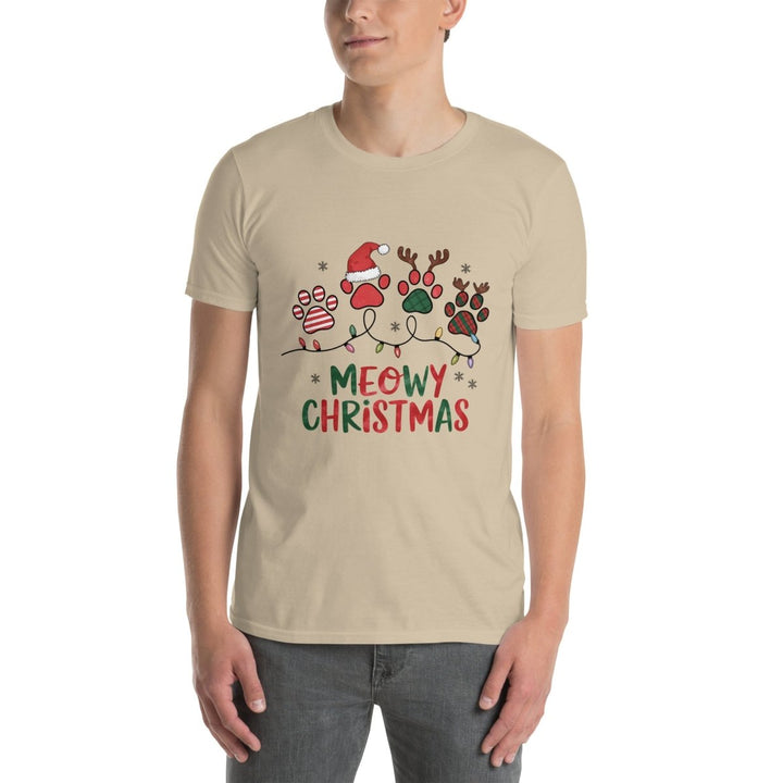Meowy Cat Christmas Graphic Tee - Sand - S - ArtyKoala