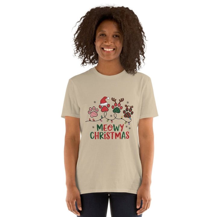 Meowy Cat Christmas Graphic Tee - Sand - S - ArtyKoala
