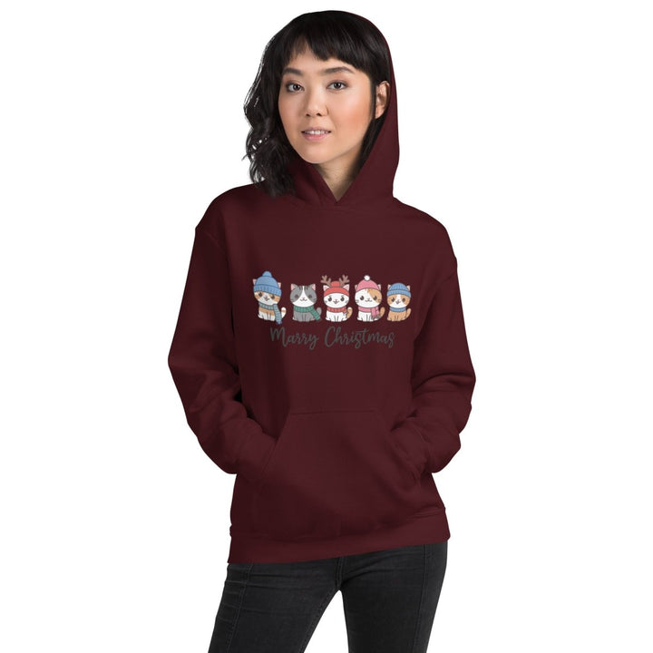 Meowy Cats Christmas Graphic Hoodie - Maroon - S - ArtyKoala