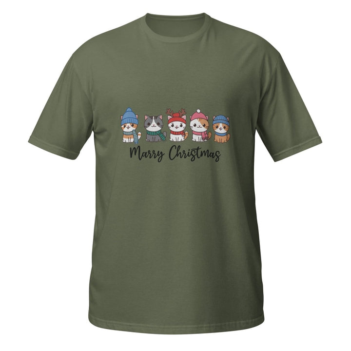 Meowy Christmas Graphic Tee - Military Green - S - ArtyKoala