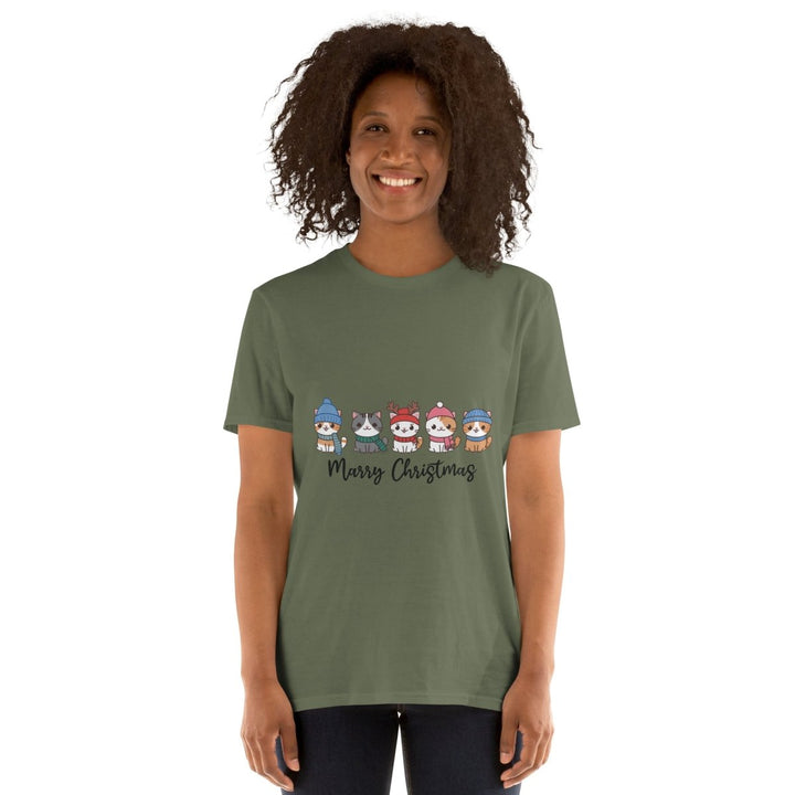 Meowy Christmas Graphic Tee - Military Green - S - ArtyKoala
