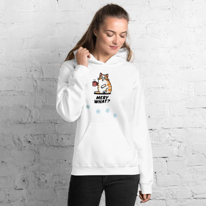 Merry What Christmas Cat Graphic Hoodie - White - S - ArtyKoala