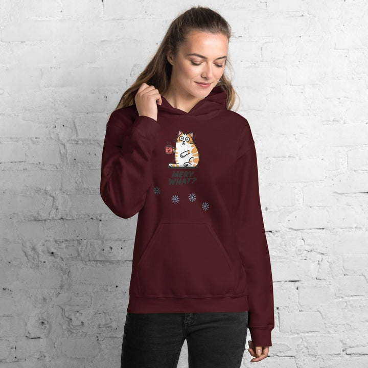 Merry What Christmas Cat Graphic Hoodie - Maroon - S - ArtyKoala