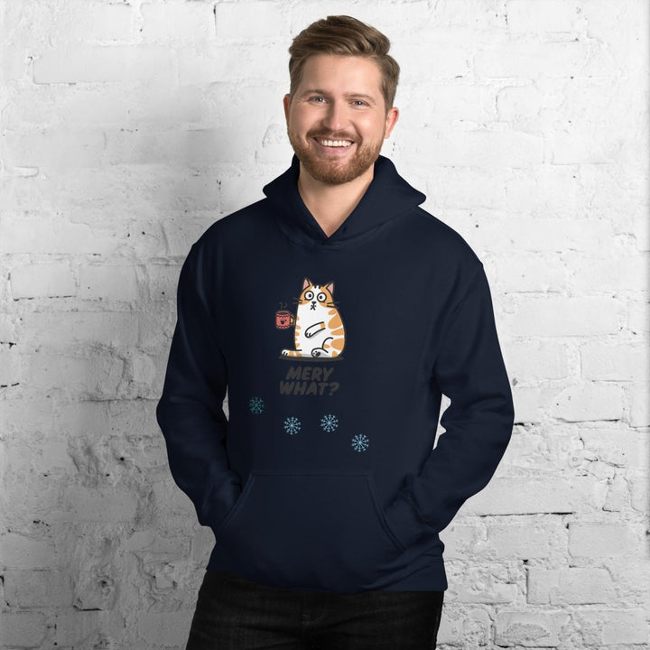 Merry What Christmas Cat Graphic Hoodie - Navy - S - ArtyKoala