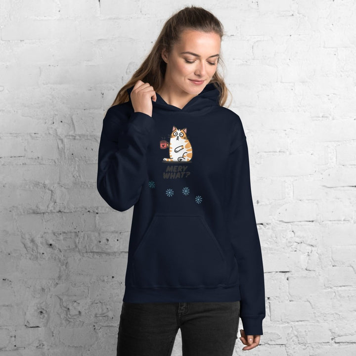Merry What Christmas Cat Graphic Hoodie - Navy - S - ArtyKoala