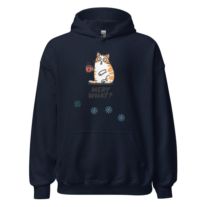 Merry What Christmas Cat Graphic Hoodie - Navy - S - ArtyKoala