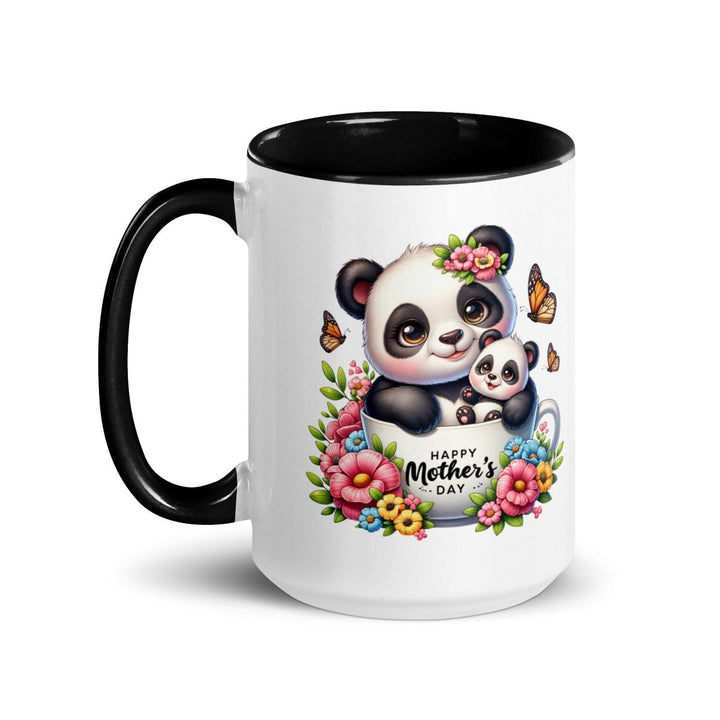 Panda and cub Colorful Print Mug - Black - 15 oz - ArtyKoala