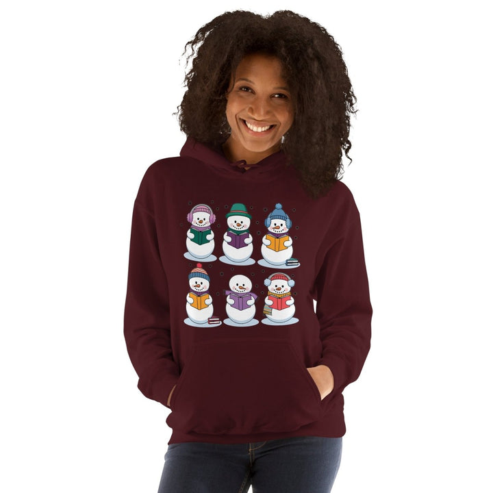 Snowman Reading Book Graphic Hoodie - Maroon - S - ArtyKoala