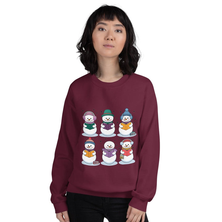 Snowman Reading Book Graphic Sweatshirt - Maroon - S - ArtyKoala
