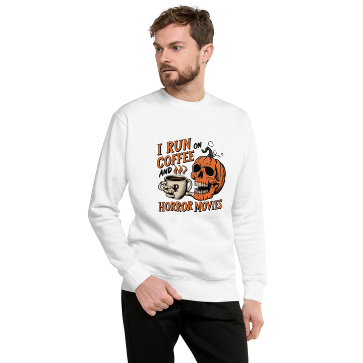 I Run on Coffee an Horror Movie Unisex Premium Halloween Sweatshirt - White / S - ArtyKoala